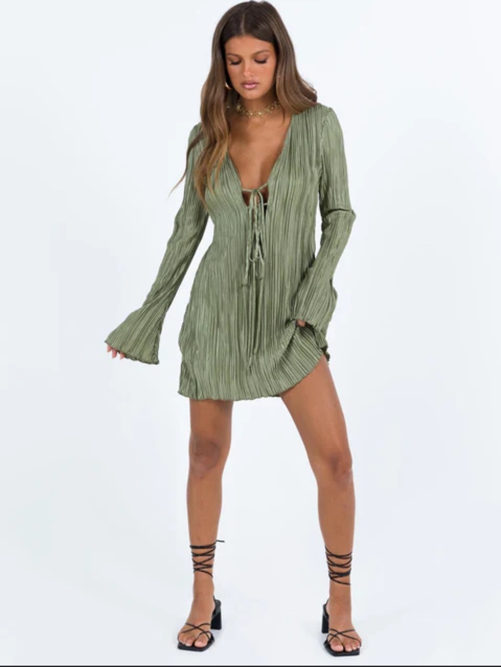 Nwt Sage Pleated Tie-Front Long Sleeve Mini Dress vacation night 10 medium - Picture 2 of 7